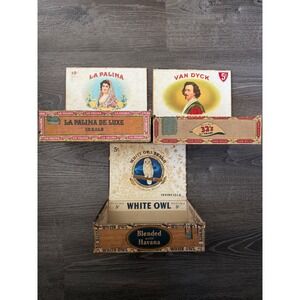 Vintage Cigar Box Lot White Owl La Palina Van Dyck Antique Wooden Tobacciana 3pc